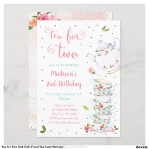 Tea For Two Pink Gold Floral Tea Party Birthday Invitation