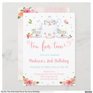 Tea For Two Pink Gold Floral Tea Party Birthday Invitation