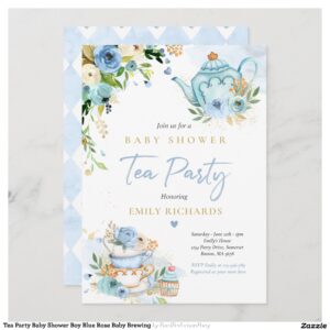 Tea Party Baby Shower Boy Blue Rose Baby Brewing Invitation