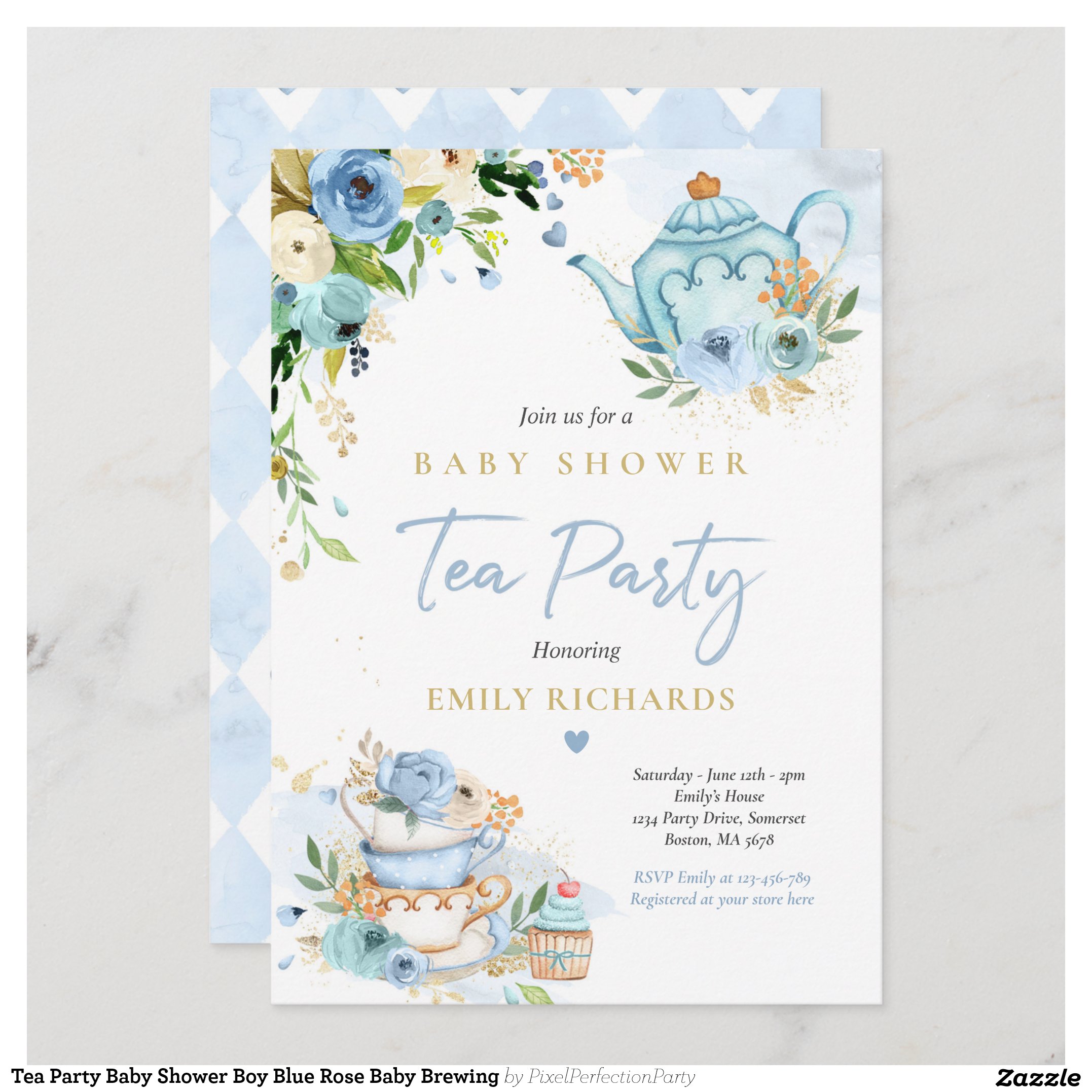 Tea Party Baby Shower Boy Blue Rose Baby Brewing Invitation