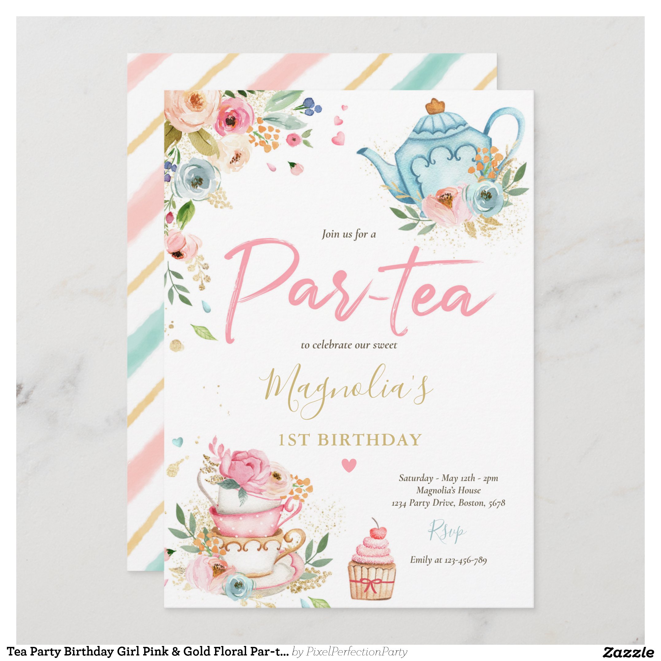 Tea Party Birthday Girl Pink & Gold Floral Par-tea Invitation