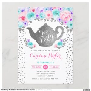 Tea Party Birthday - Silver Teal Pink Purple Invitation