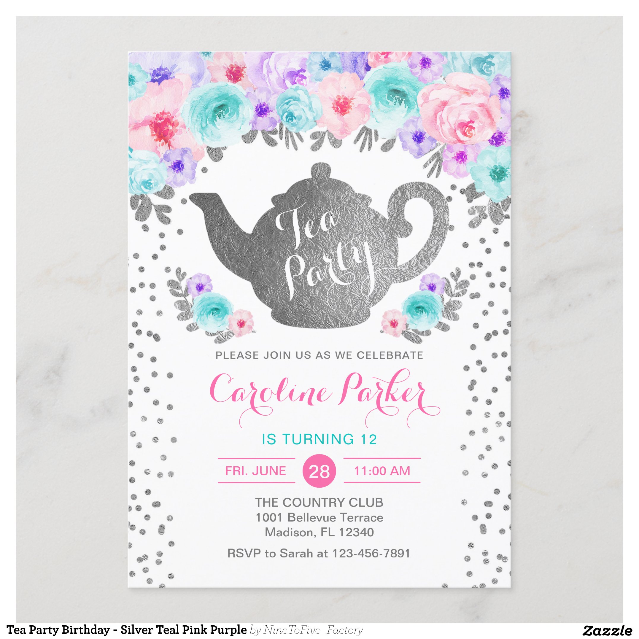 Tea Party Birthday - Silver Teal Pink Purple Invitation