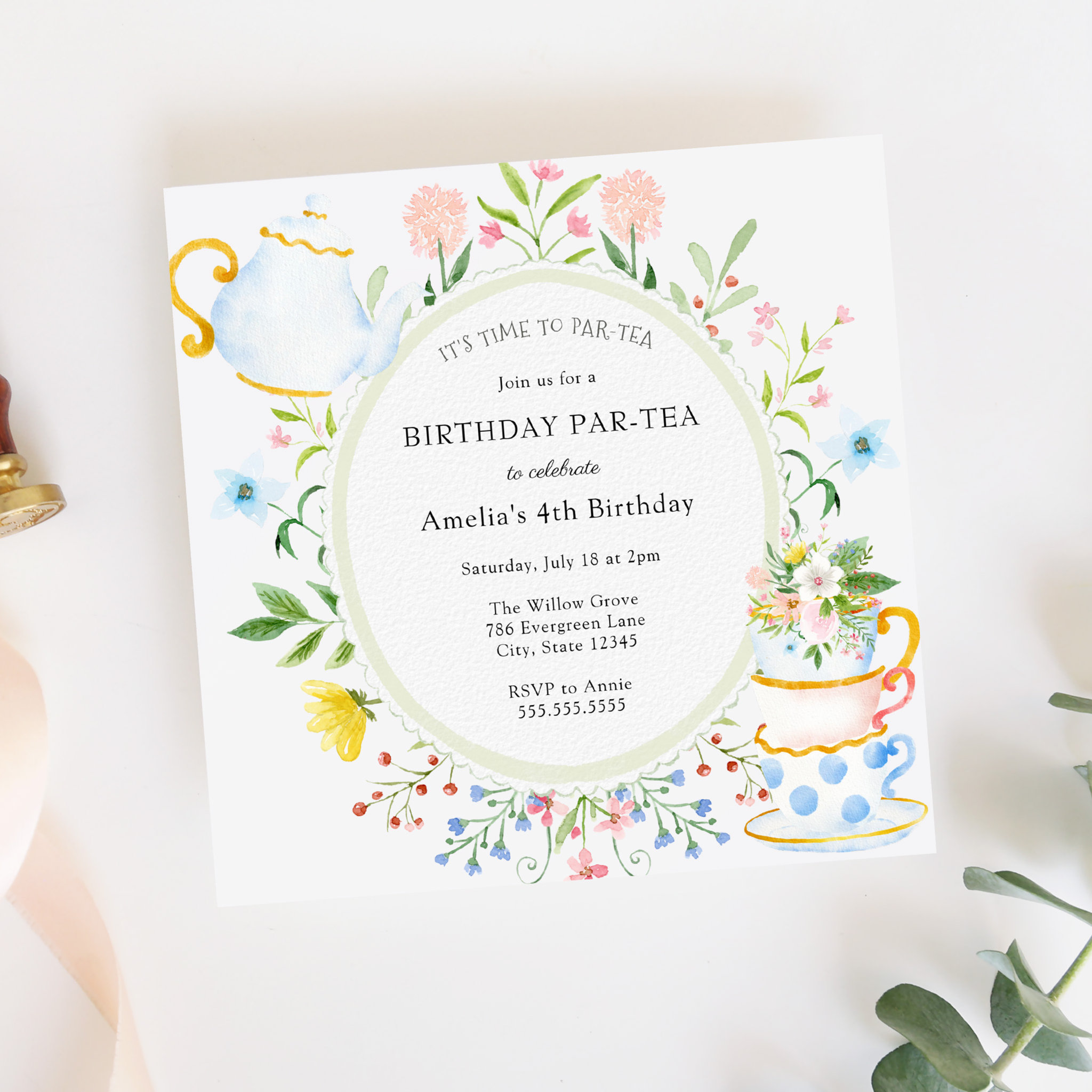 Tea Party Whimsical Wildflower Birthday Invitation