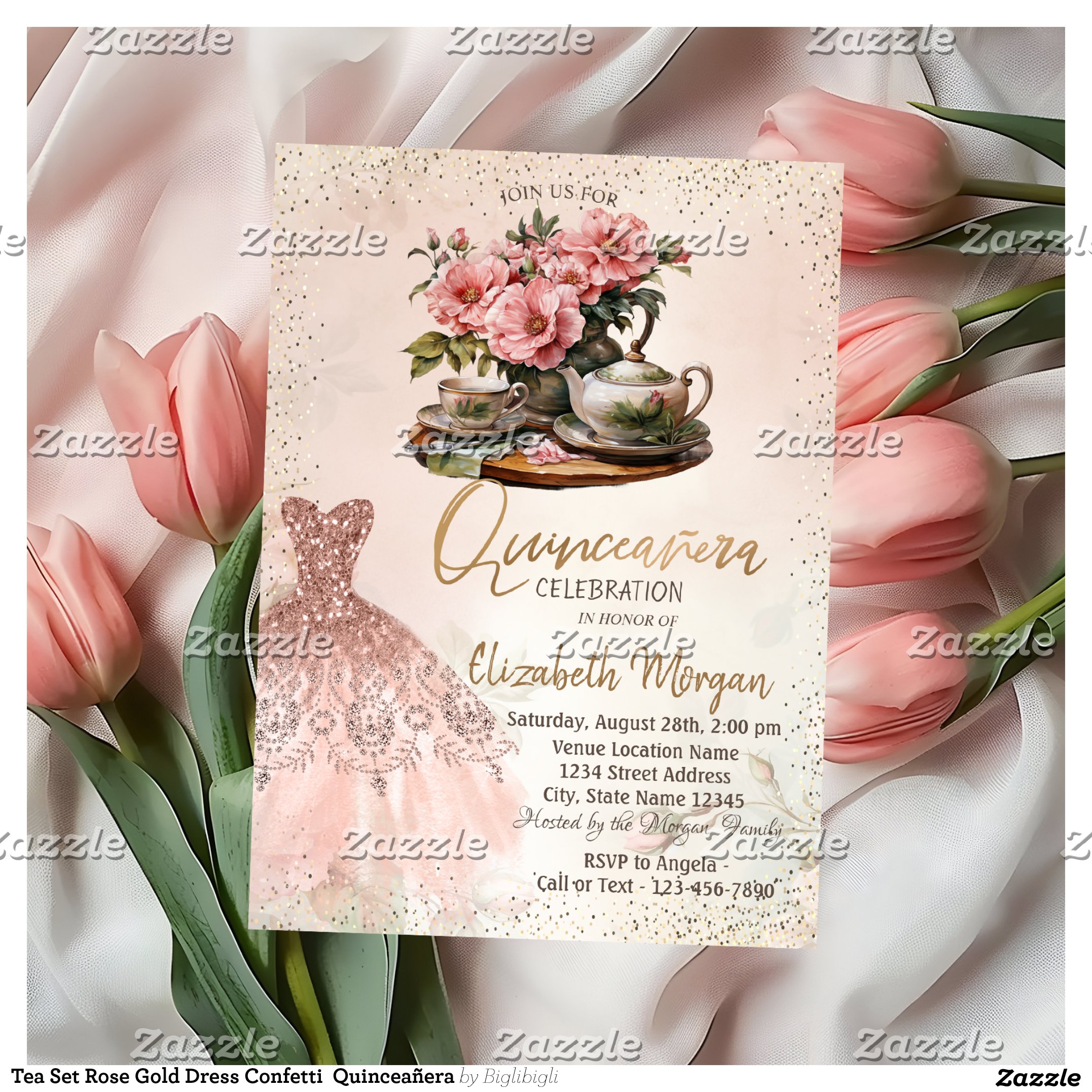 Tea Set Rose Gold Dress Confetti Quincea?era Invitation