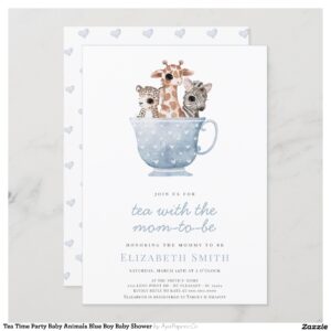 Tea Time Party Baby Animals Blue Boy Baby Shower Invitation