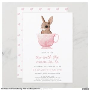 Tea Time Party Cute Bunny Pink Girl Baby Shower Invitation