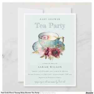Teal Gold Floral Teacup Baby Shower Tea Party Invitation