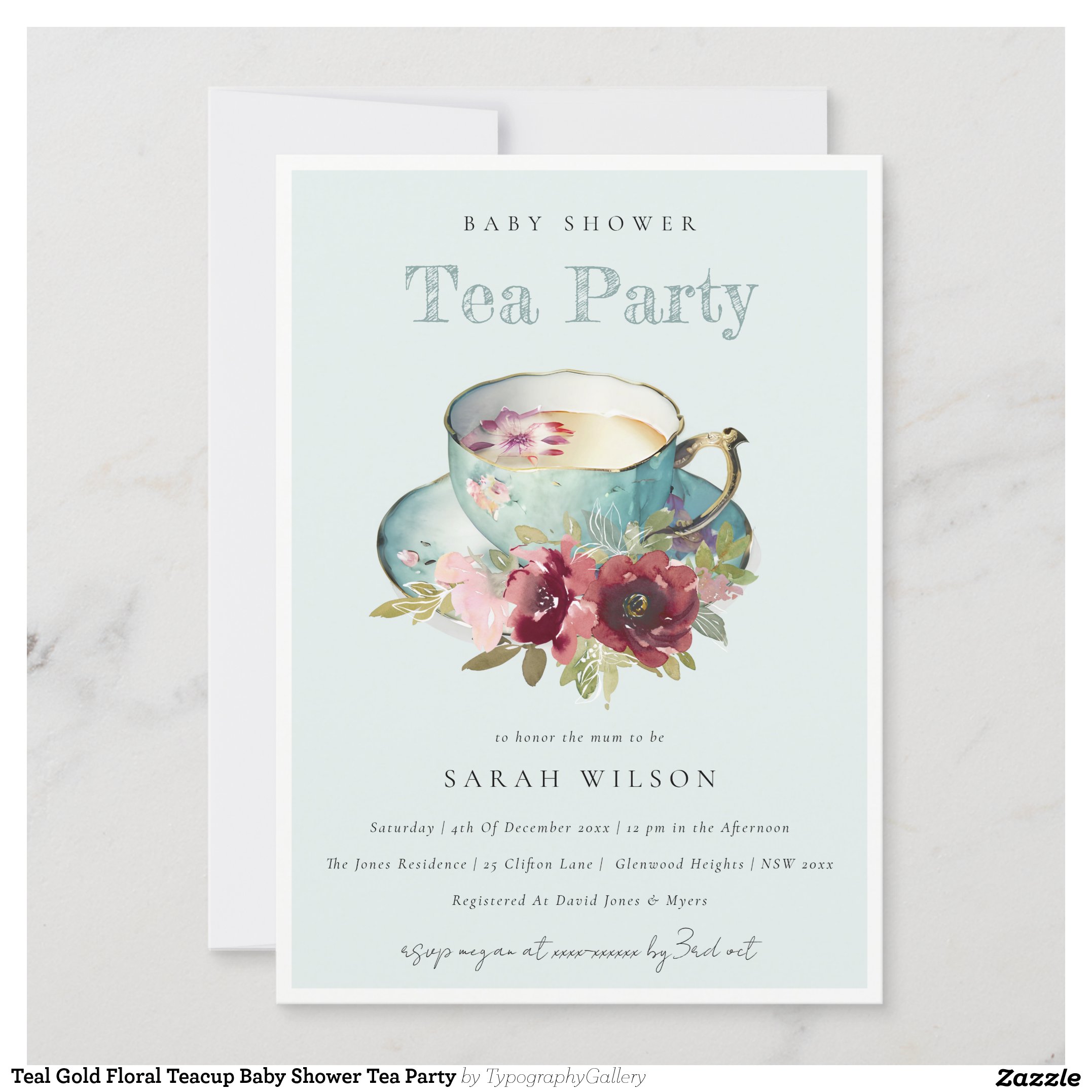 Teal Gold Floral Teacup Baby Shower Tea Party Invitation