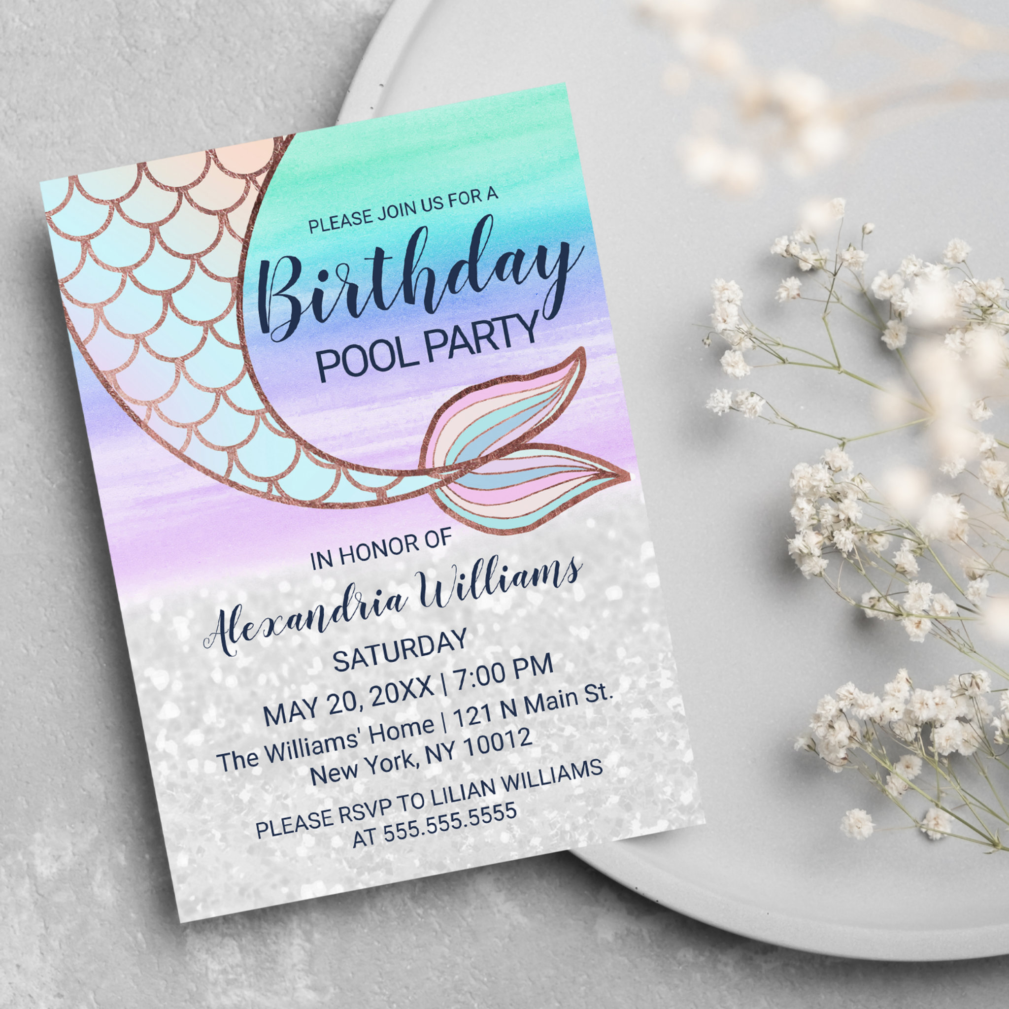 Teal Pink Glam Glitter Mermaid Tail Pool Birthday Invitation Postcard