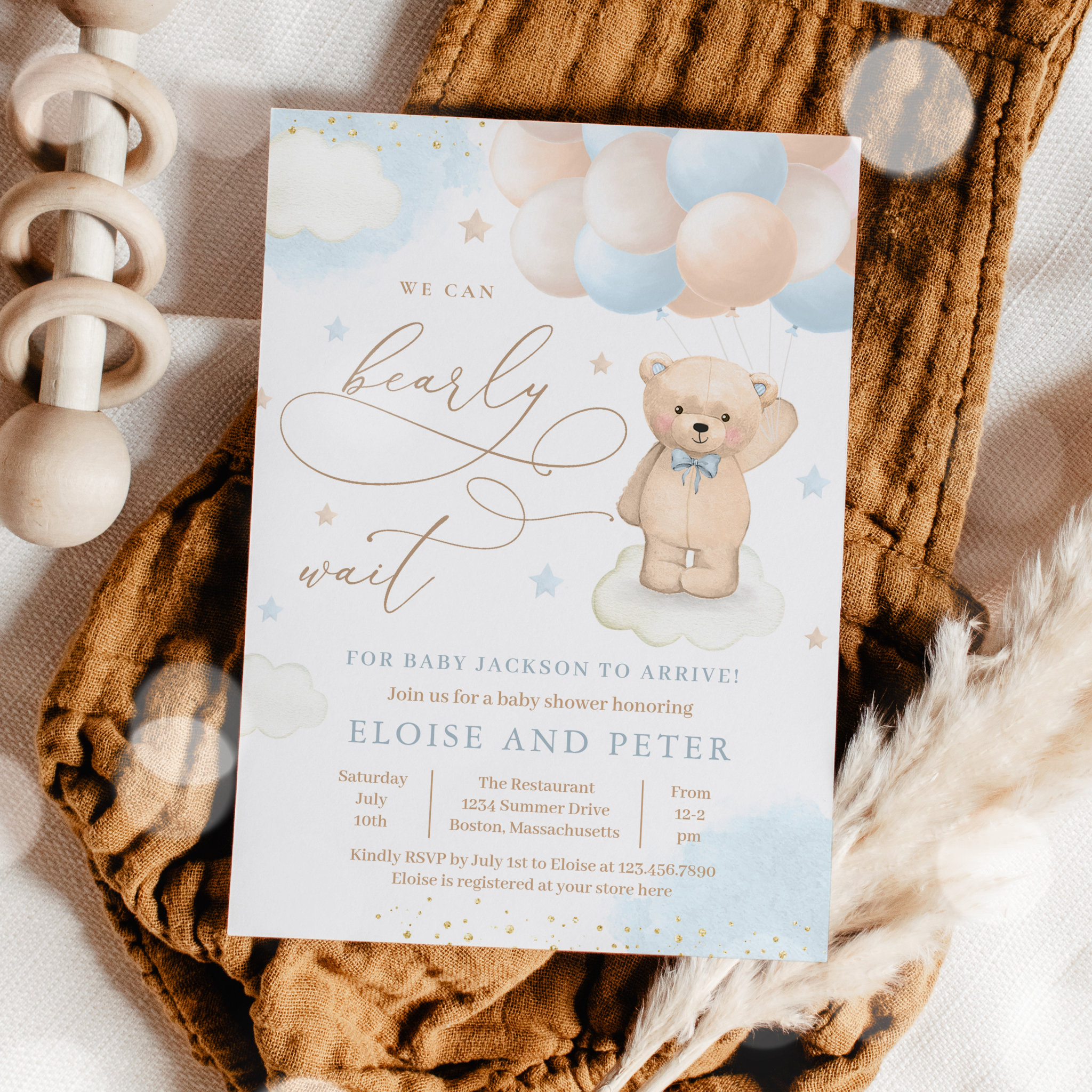 Teddy Bear Balloon Boy Bearly Wait Baby Shower Invitation