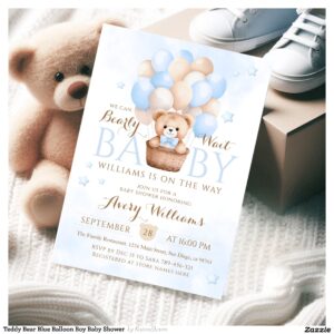 Teddy Bear Blue Balloon Boy Baby Shower Invitation