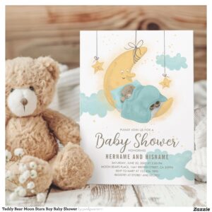 Teddy Bear Moon Stars Boy Baby Shower Invitation