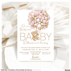 Teddy Bear with Balloon Minimal Baby Girl Shower Invitation