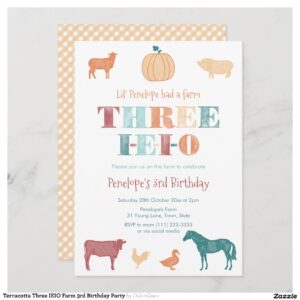 Terracotta Three IEIO Farm 3rd Birthday Party Invitation