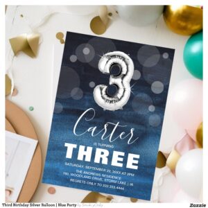 Third Birthday Silver Balloon Blue Party Invitation