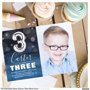 Third Birthday Silver Balloon Blue Photo Party Invitation