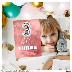 Third Birthday Silver Balloon Pink Photo Party Invitation
