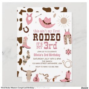 Third Rodeo Western Cowgirl 3rd Birthday Invitation