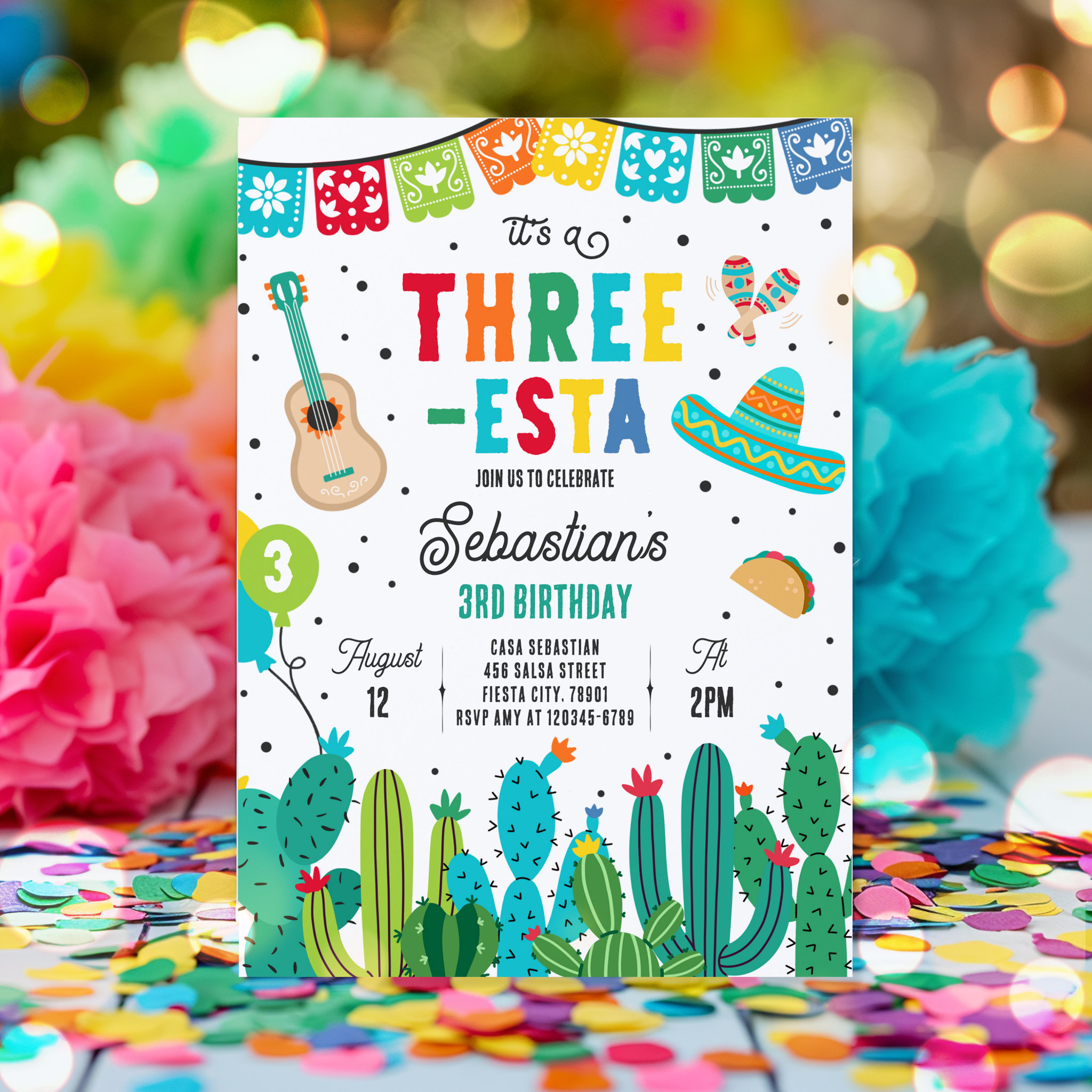 Three-Esta Mexican Fiesta 3rd Birthday Party Invitation