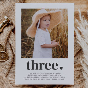 Three Heart - Square Photo 1st Birthday Invitation