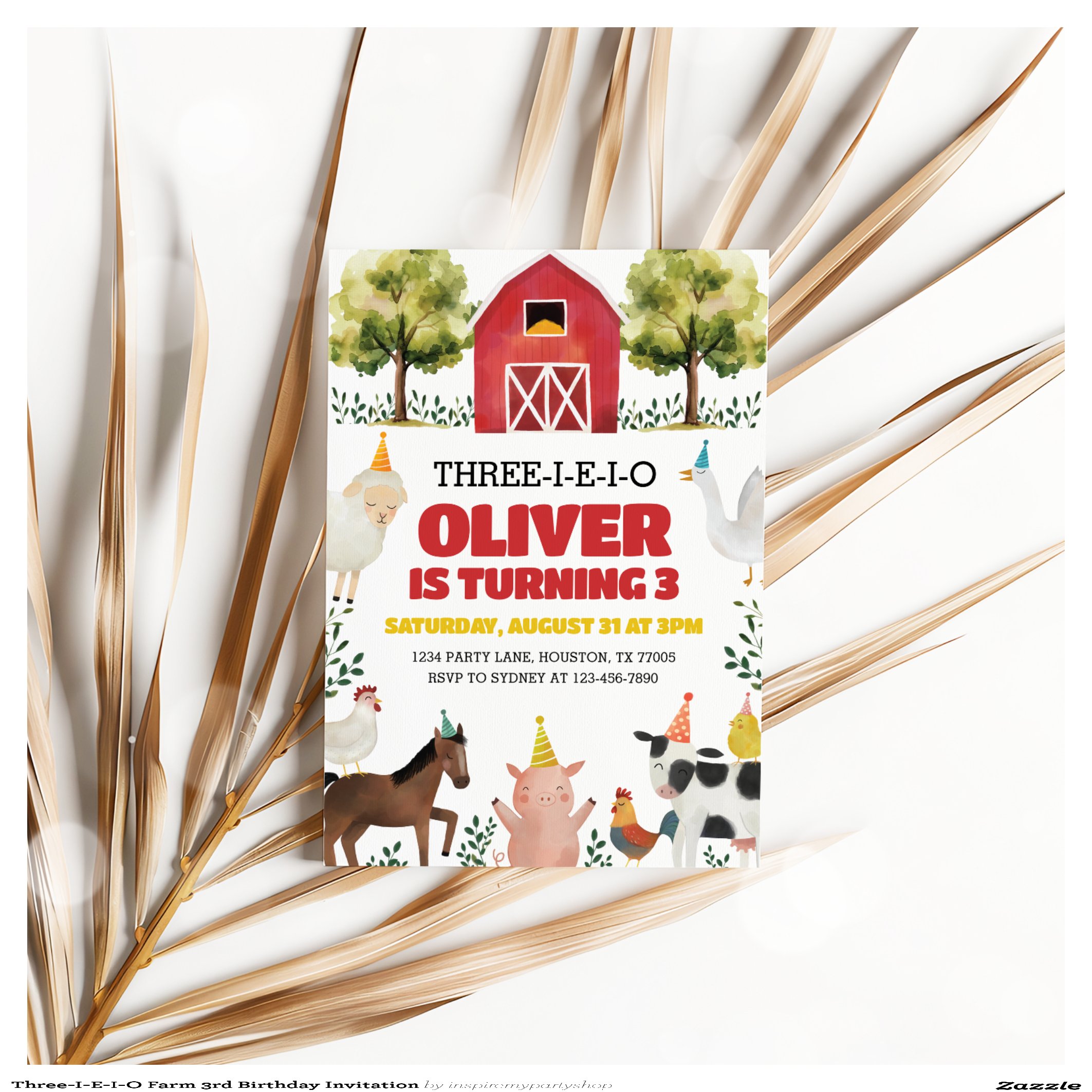 Three-I-E-I-O Farm 3rd Birthday Invitation