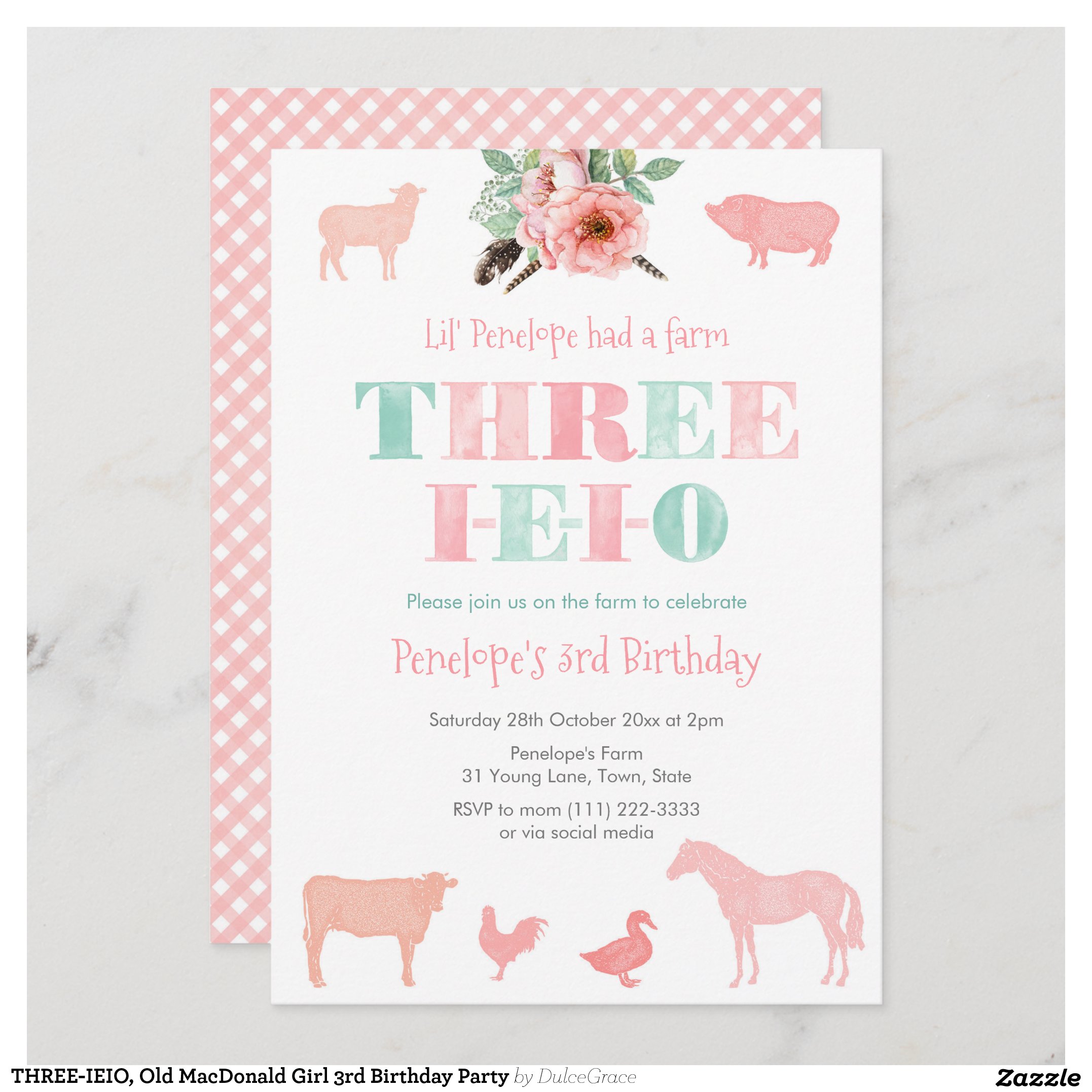 THREE-IEIO, Old MacDonald Girl 3rd Birthday Party Invitation