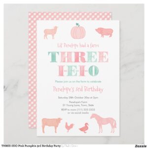 THREE-IEIO Pink Pumpkin 3rd Birthday Party Invitation
