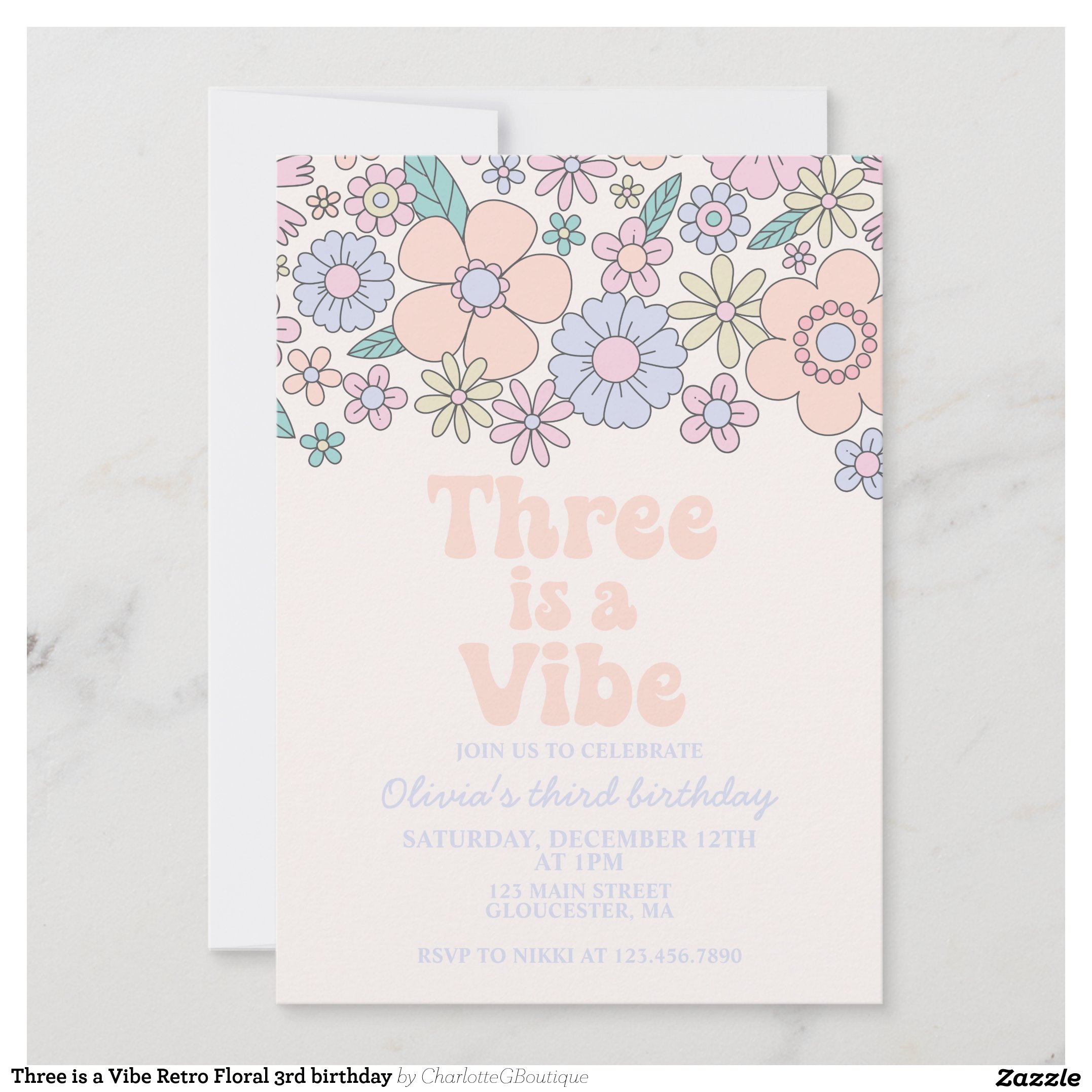 Three is a Vibe Retro Floral 3rd birthday Invitation