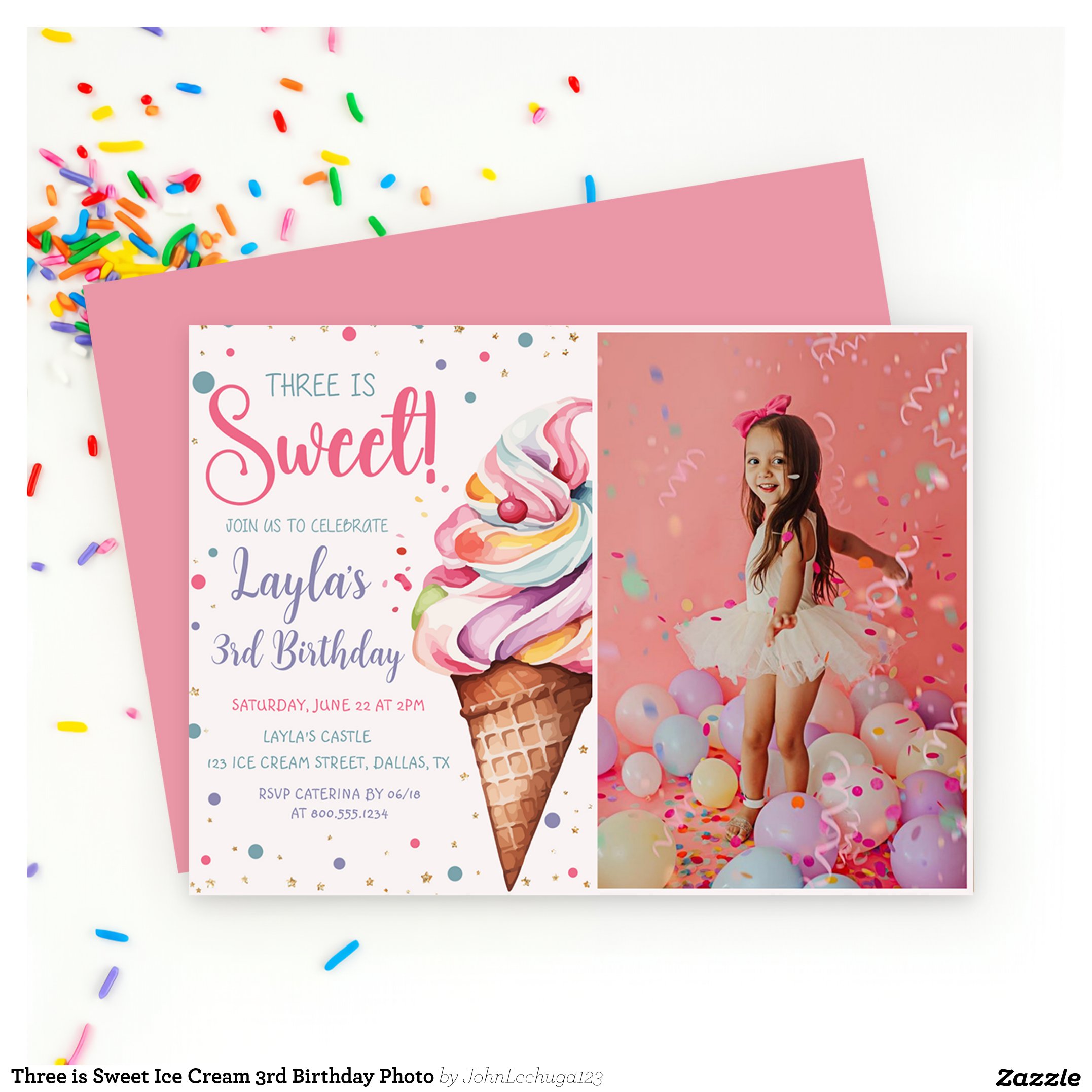 Three is Sweet Ice Cream 3rd Birthday Photo Invitation