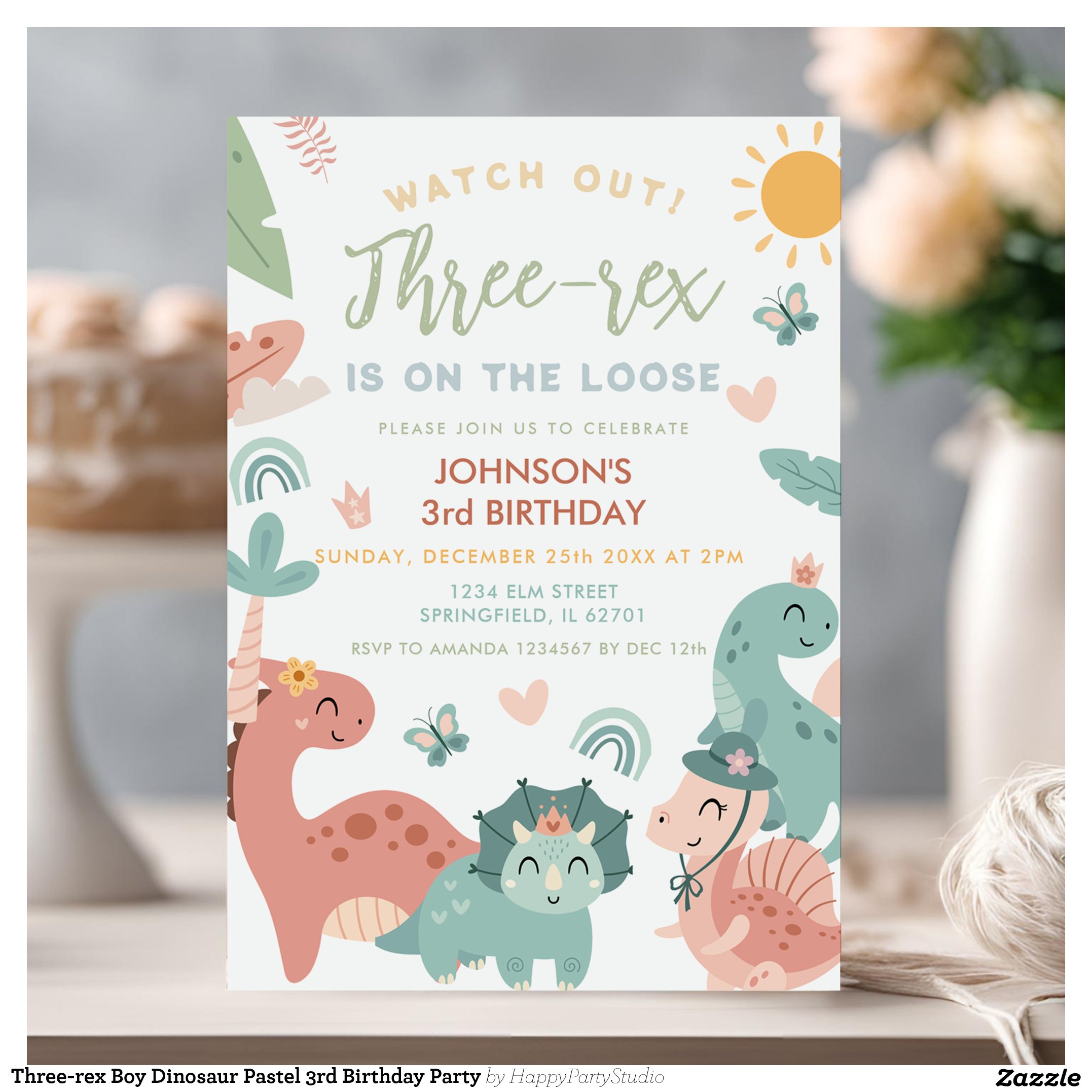 Three-rex Boy Dinosaur Pastel 3rd Birthday Party Invitation