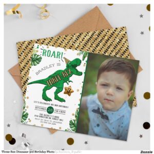 Three-Rex Dinosaur 3rd Birthday Photo Invitation