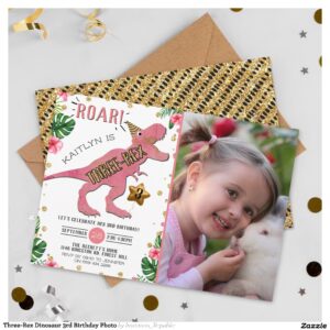 Three-Rex Dinosaur 3rd Birthday Photo Invitation
