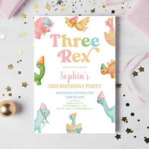 Three Rex Dinosaur 3rd Third Birthday Party Invitation