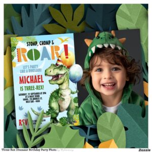 Three-Rex Dinosaur Birthday Party Photo Invitation