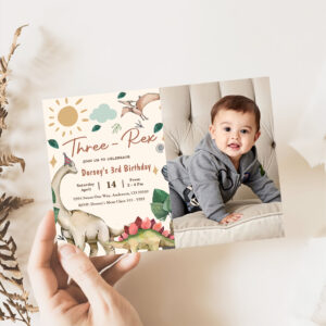 Three-Rex Dinosaur Boy 3rd Third Birthday Photo Invitation