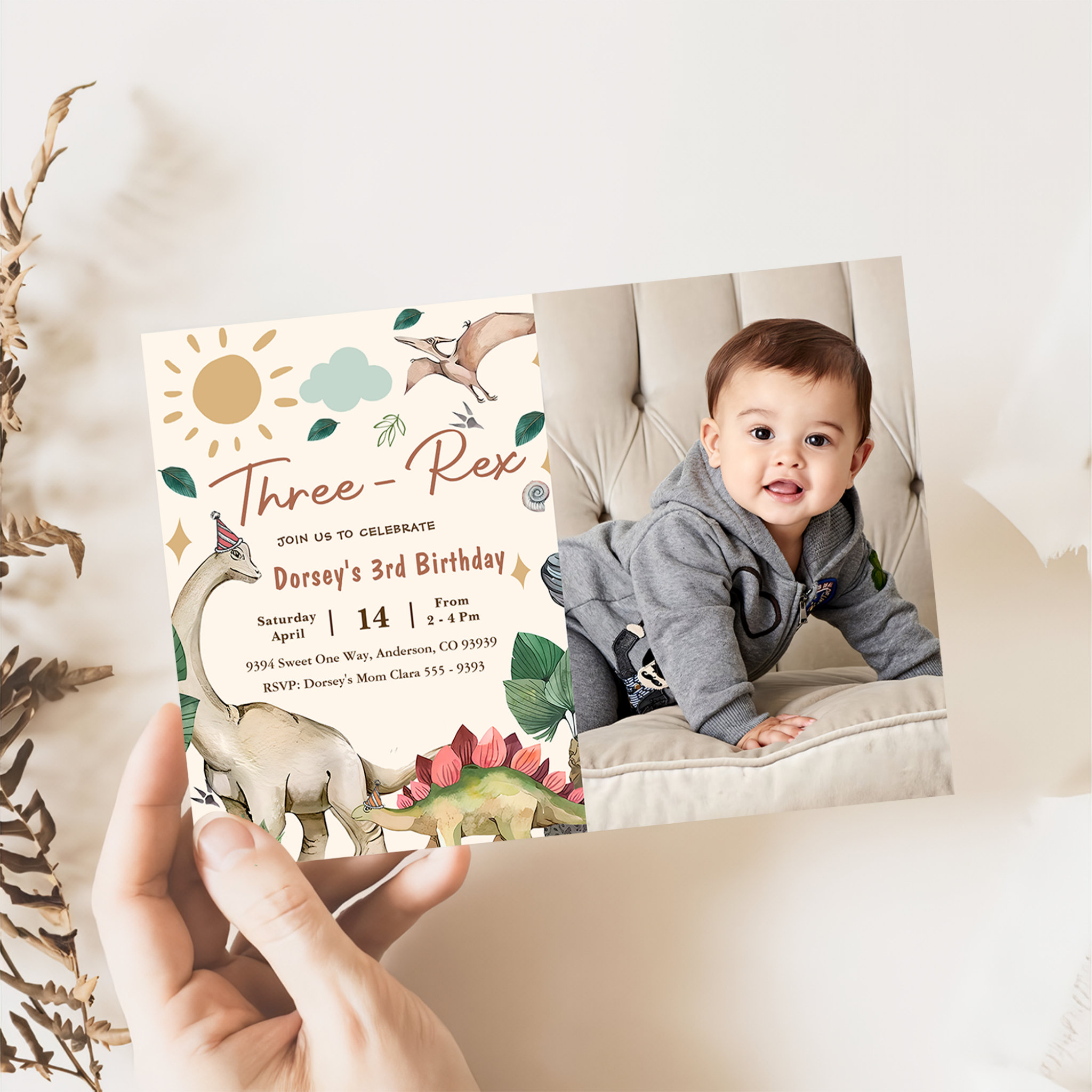 Three-Rex Dinosaur Boy 3rd Third Birthday Photo Invitation