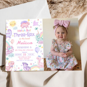 Three Rex Pink Dinosaur 3rd Birthday Party Photo Invitation