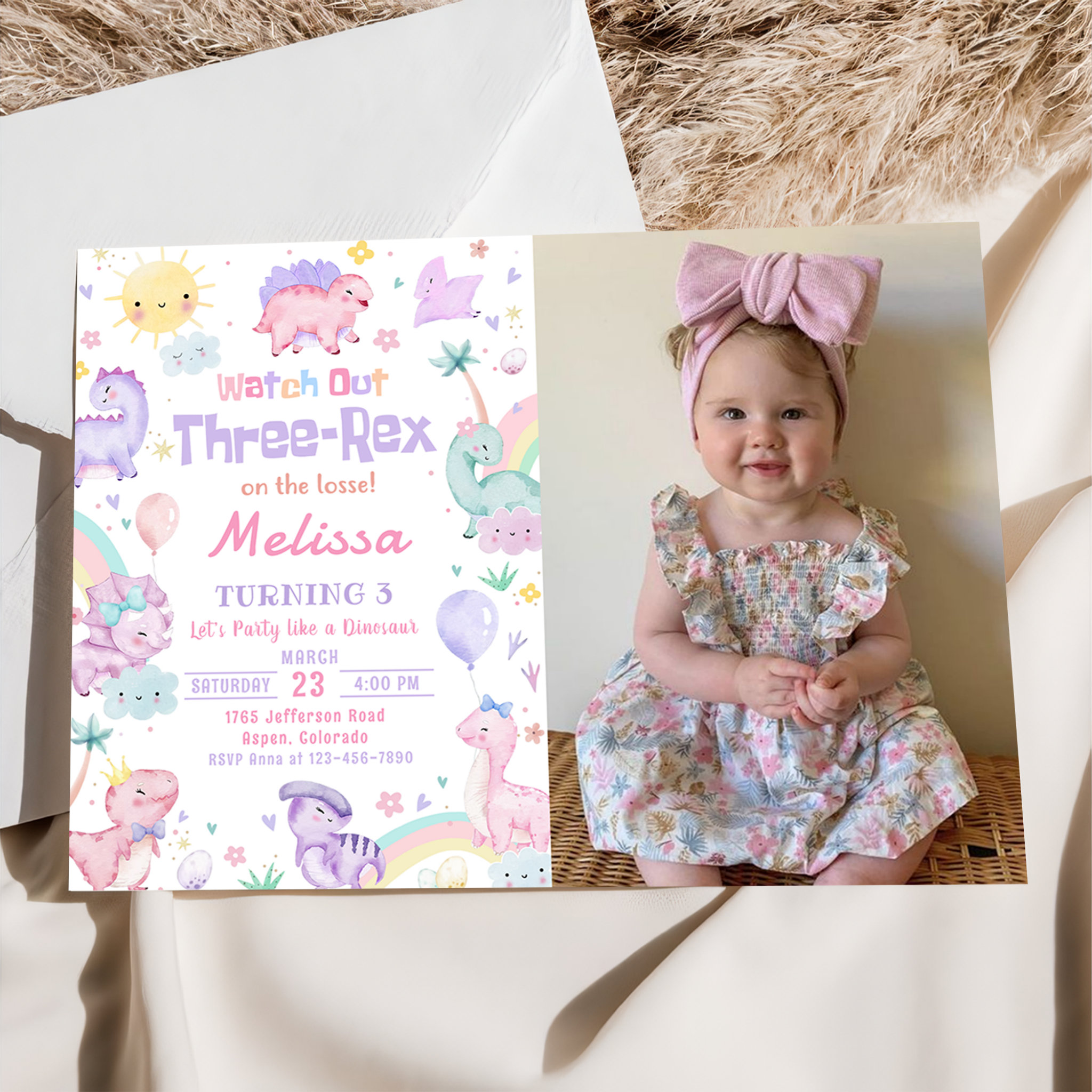 Three Rex Pink Dinosaur 3rd Birthday Party Photo Invitation