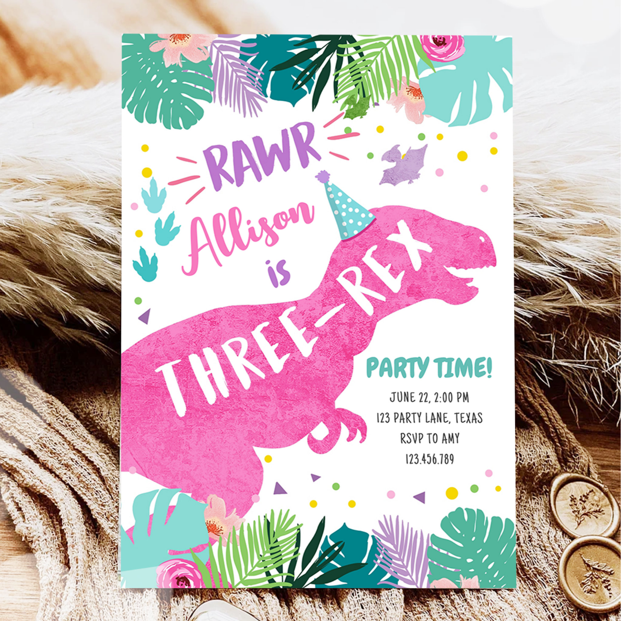 Three-Rex Pink Dinosaur Girl 3rd Third Birthday In Invitation