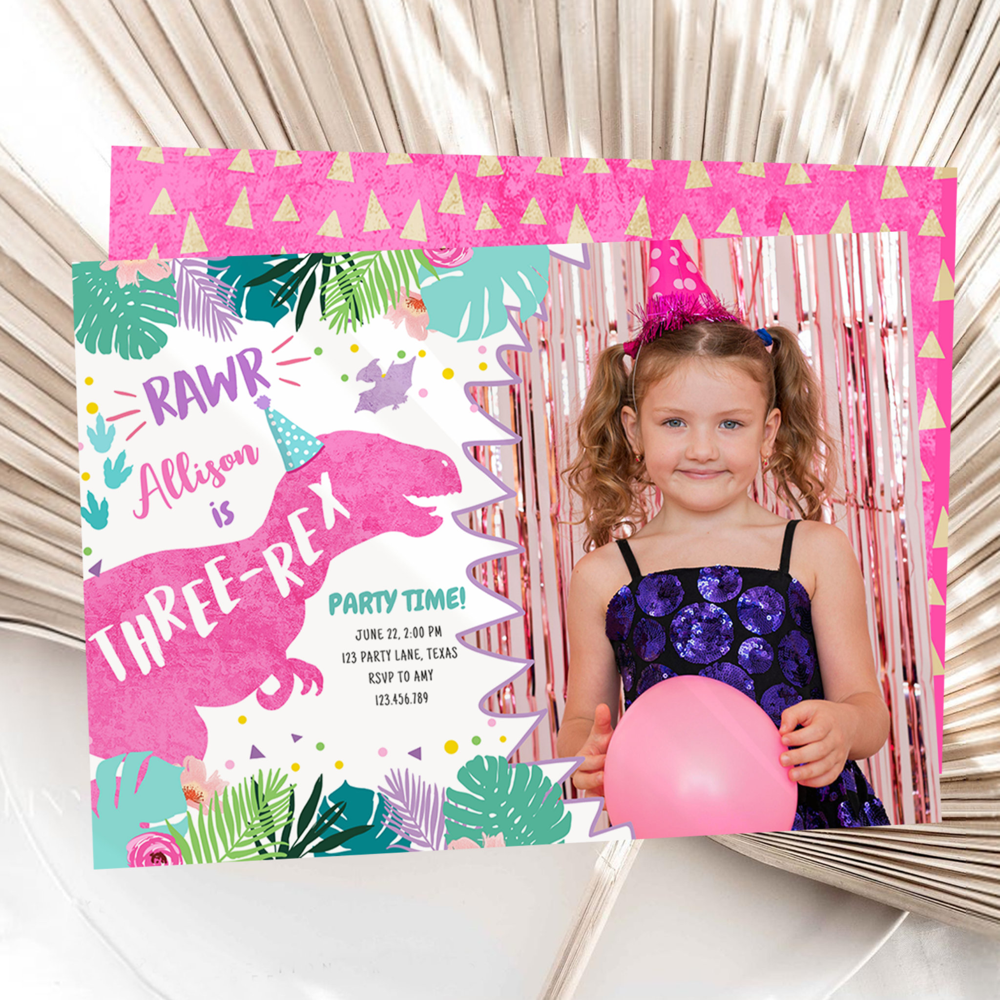 Three-Rex Pink Dinosaur Girl Third 3rd Birthday Invitation