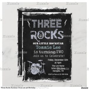 Three Rocks Rockstar Drum set 3rd Birthday Invitation