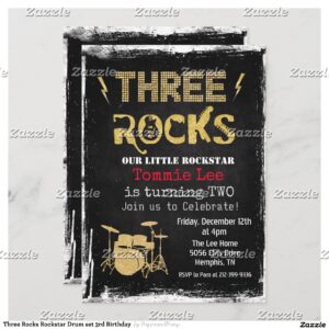 Three Rocks Rockstar Drum set 3rd Birthday Invitation