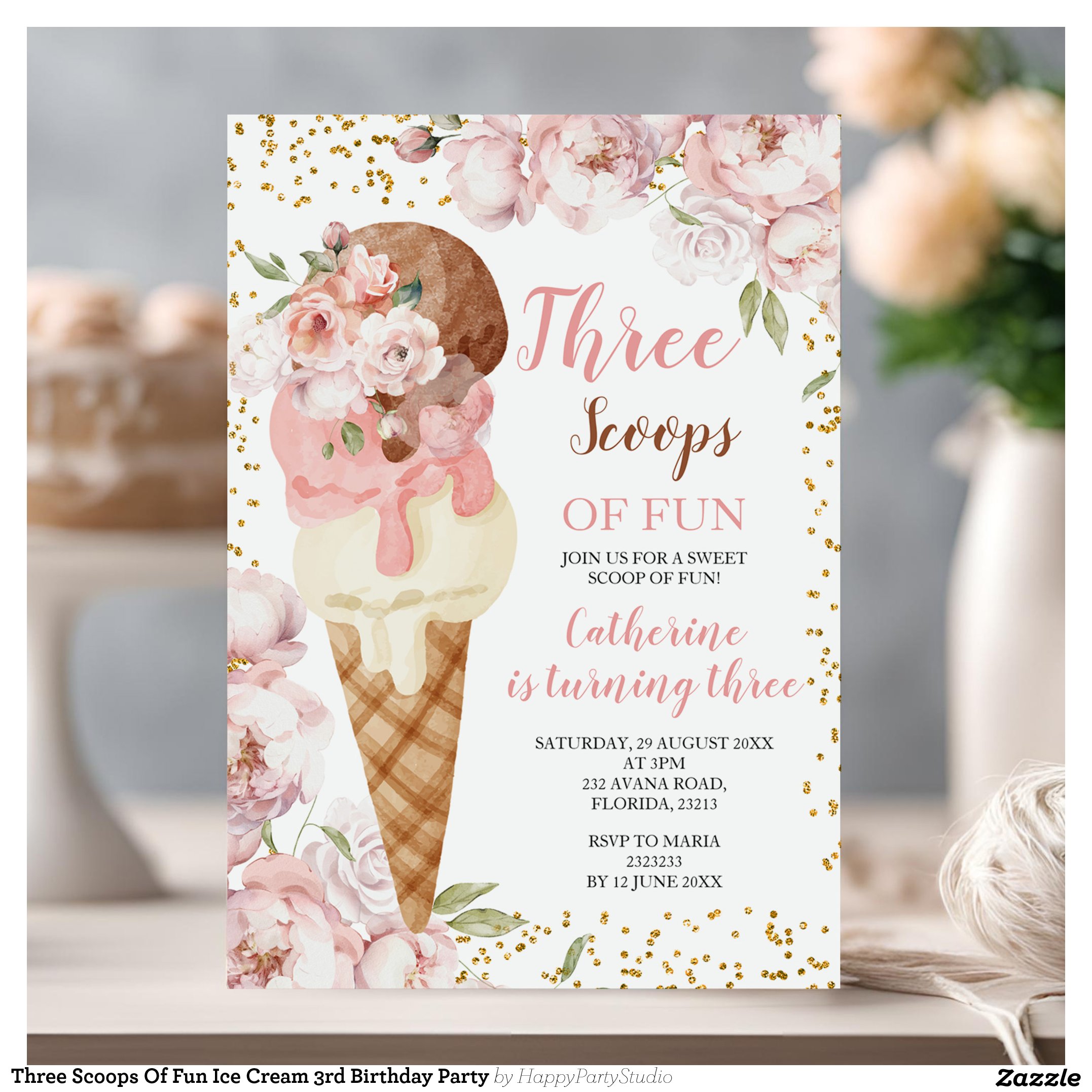 Three Scoops Of Fun Ice Cream 3rd Birthday Party Invitation