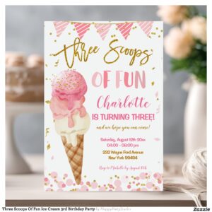Three Scoops Of Fun Ice Cream 3rd Birthday Party Invitation