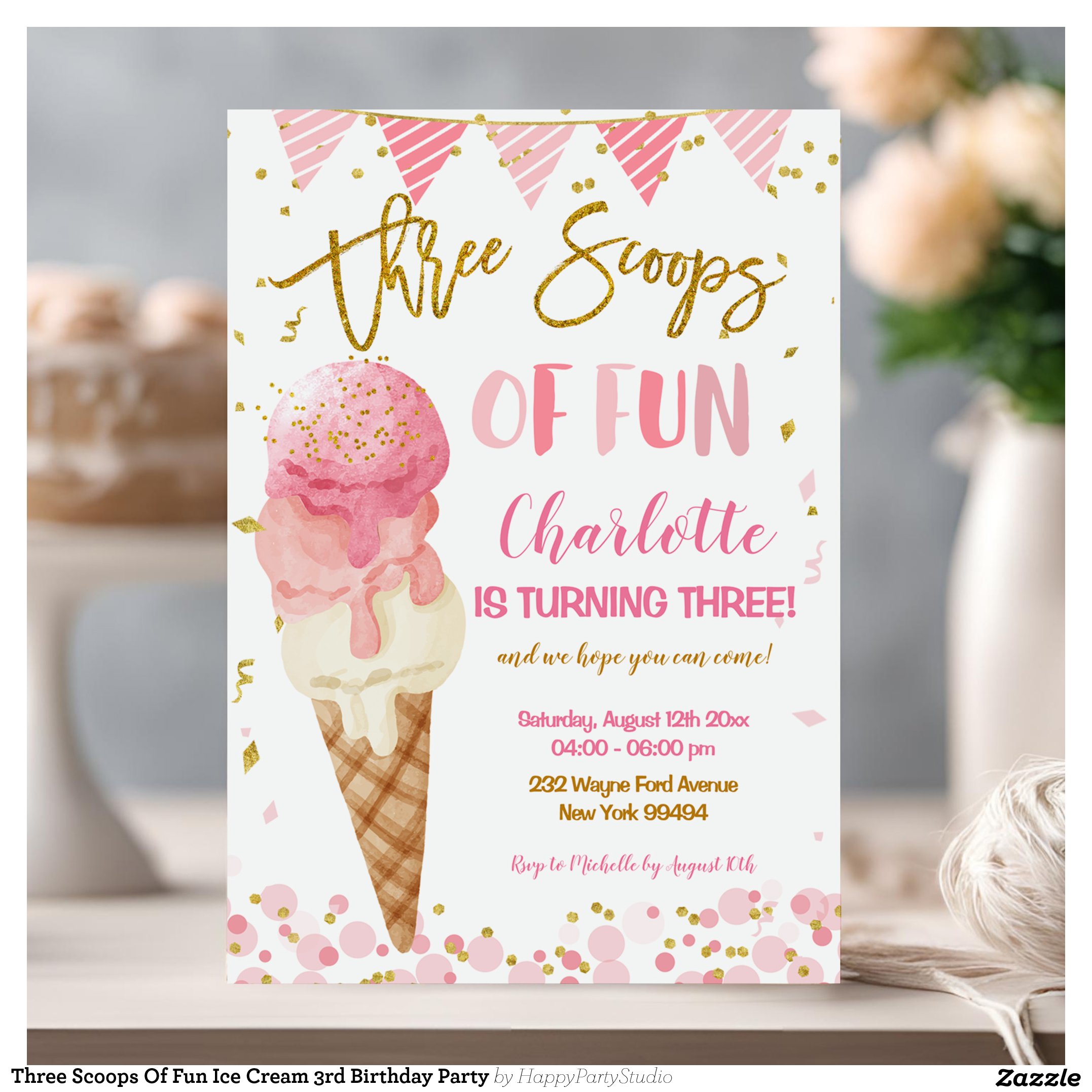 Three Scoops Of Fun Ice Cream 3rd Birthday Party Invitation