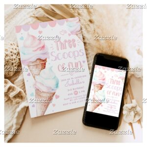Three scoops of fun Ice cream birthday Invitation