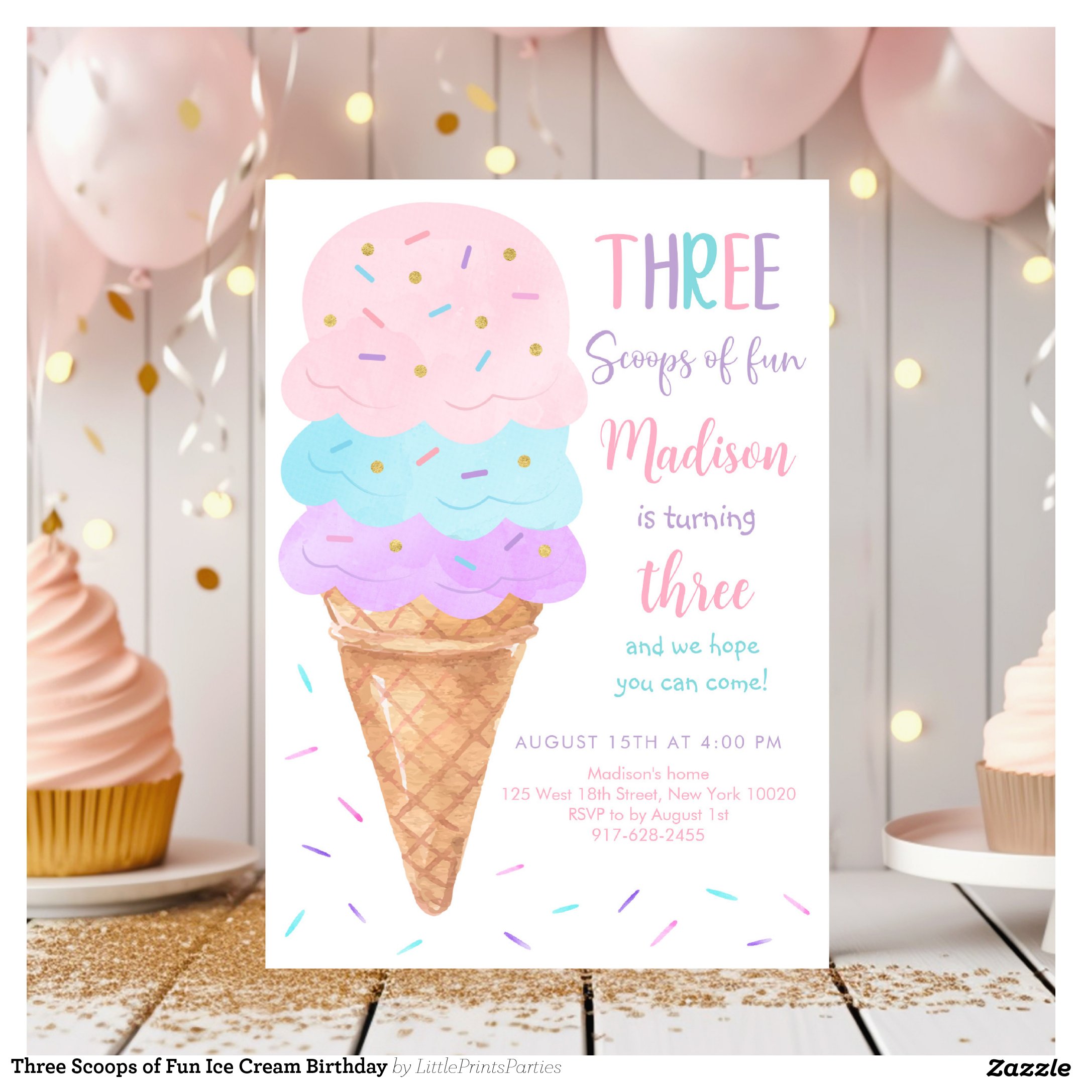 Three Scoops of Fun Ice Cream Birthday Invitation