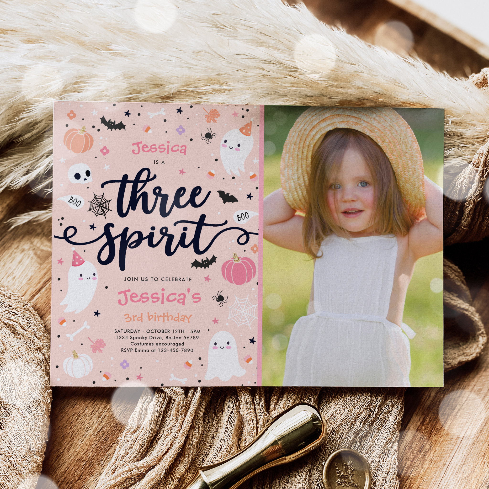 Three Spirit Cute Halloween Ghost 3rd Birthday Invitation