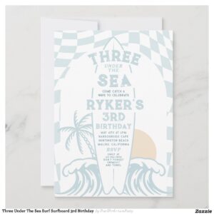 Three Under The Sea Surf Surfboard 3rd Birthday Invitation